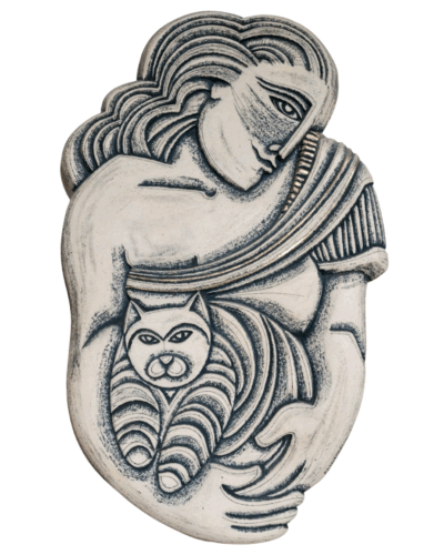 'The Quiet Bond' Handcrafted Ceramic Wall Relief with Woman and Cat