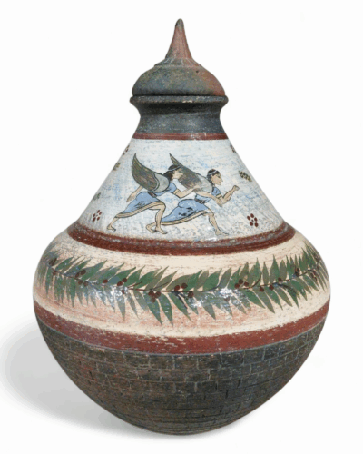 Myth and Motion - Late Geometric Greek-Inspired Ceramic vase with Lid