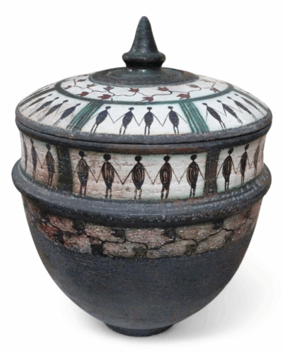 Figures in Motion - Geometric Greek Ceramic Vessel with Lid