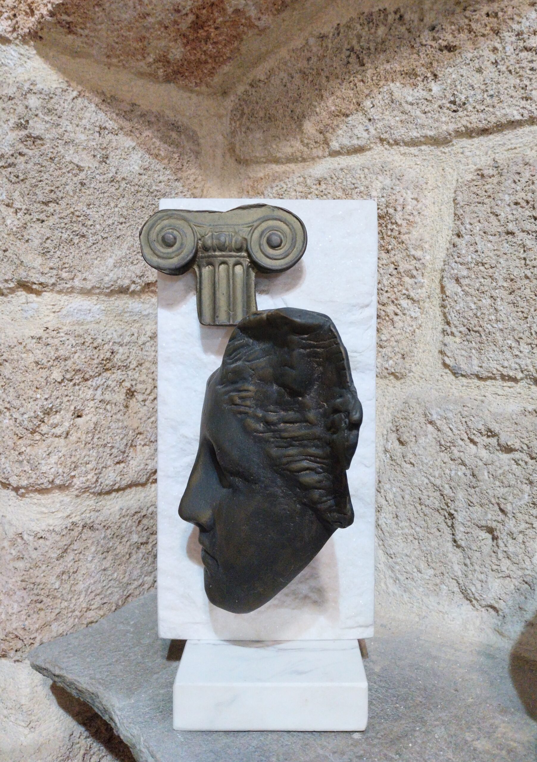 Bronze Face Fragment Sculpture on Marble