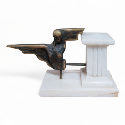 Bronze Winged Female Figurative Sculpture with Marble Column