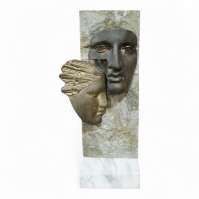 Silent Dialogue - Bronze Couple Face Sculpture on Marble